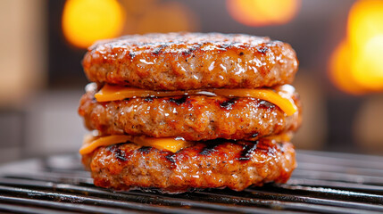 Juicy grilled burger patties stacked with melted cheese, showcasing deliciously seared texture. Perfect for hearty meal or barbecue gathering