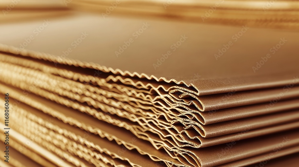 Poster close-up of stacked brown cardboard sheets with wavy edges in soft natural lighting creating a warm 