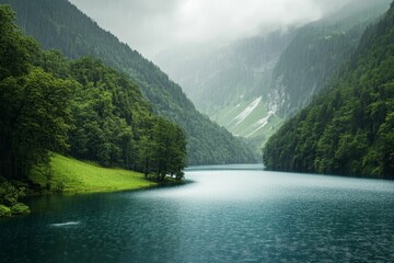 Fototapeta premium Rainy day, lake nestled in verdant mountains.