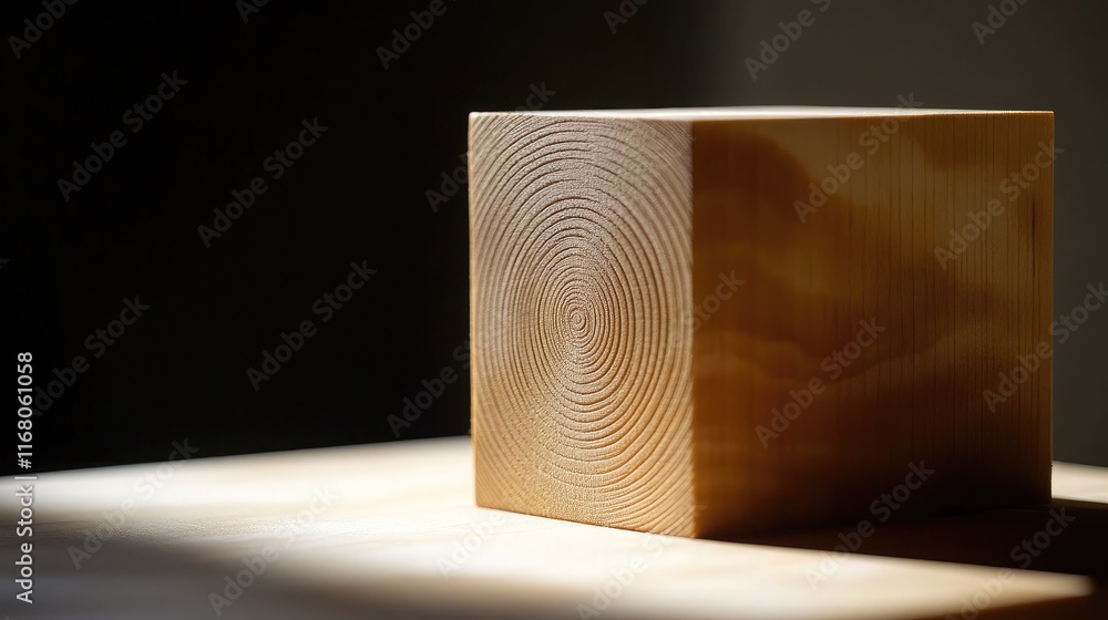 Aufkleber close-up view of a natural wooden block with beautiful grain patterns and soft lighting in a minimal