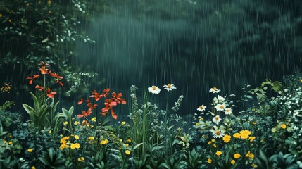 Rain-soaked garden, diverse blooms, lush green foliage.