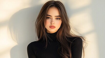 Elegant portrait of a female model in a serene studio, posing with an intense emotional expression, beautifully lit with soft lighting and shadows, ultra-realistic, photo realistic, highly detailed, 