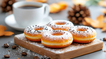 cozy breakfast scene featuring warm donuts on rustic plate, complemented by cup of coffee. setting evokes sense of comfort and indulgence, perfect for relaxing morning