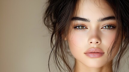 Fototapeta premium Female model practicing portraiture with emotional depth and determination, illuminated in an elegant studio setting with soft and dramatic lighting, ultra-realistic details, photo realistic, 