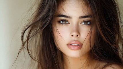 Female model practicing portraiture with emotional depth and determination, illuminated in an elegant studio setting with soft and dramatic lighting, ultra-realistic details, photo realistic, 