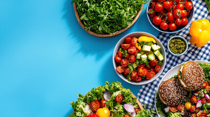 vibrant outdoor picnic scene featuring fresh salads, cherry tomatoes, and plant based burgers. colorful arrangement invites healthy and enjoyable meal experience