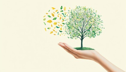 Saving the environment, hand holding a green tree with renewable energy icons, sustainable development and ecologyfocused world, clean planet message, cinematic feel