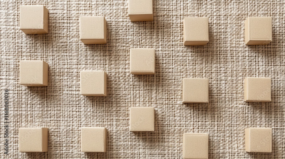 Poster beige geometric blocks arranged on a textured fabric background showcasing minimalism and design aes