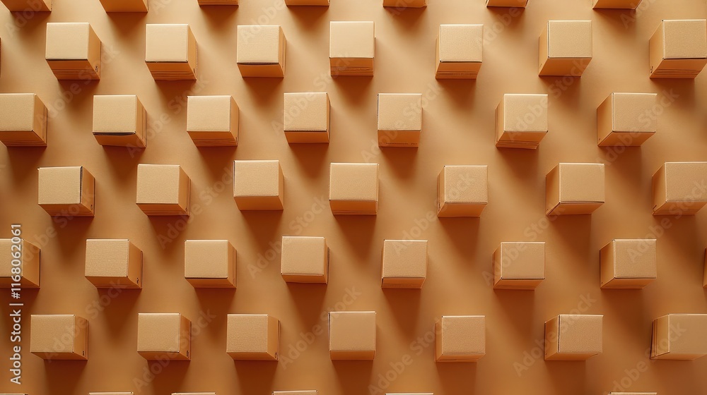 Poster abstract composition of numerous small brown boxes arranged in a grid pattern on a textured surface,