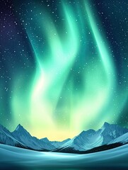 Naklejka premium Aurora love glow concept, Enchanting Northern Lights over Serene Snowy Mountain Landscape, Romantic aurora blur