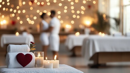 Romantic spa setting with candles and couple embracing in soothing ambience.