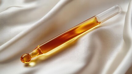 Naklejka premium Transparent glass dropper filled with golden liquid, resting elegantly on a soft satin fabric, capturing the beauty of cosmetics and essential oils in a luxurious setting