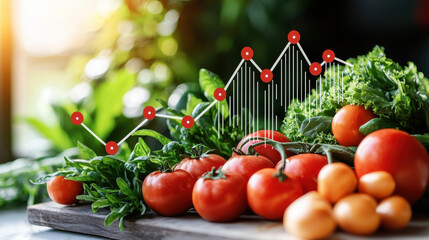 Fresh vegetables and seasonal produce with dynamic line graph illustrating food price fluctuations. This vibrant image captures essence of agriculture and market trends