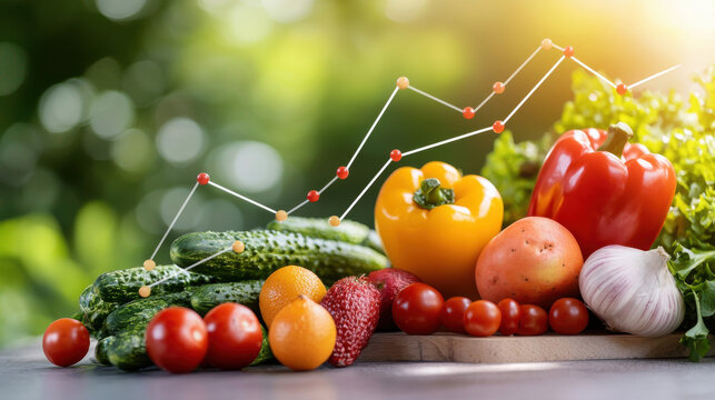 Fresh vegetables and fruits arranged with dynamic line graph illustrating seasonal food price fluctuations, showcasing vibrant colors and healthy options
