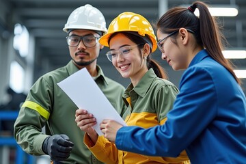 Obraz premium Teamwork in Action: Engineers Collaborating in a Modern Factory