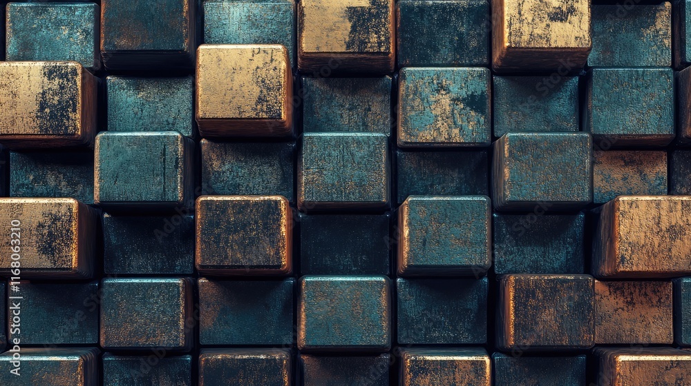 Poster abstract background of textured wooden blocks in shades of gold and blue, featuring a detailed arran