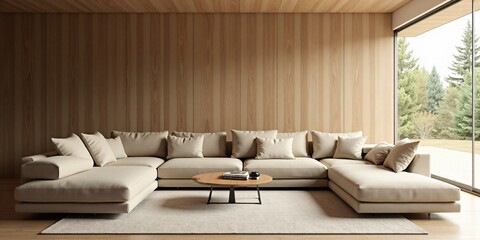Beige Corner Sofa Against Wooden Paneling Wall: Minimalist Interior Design of a Modern Living Room