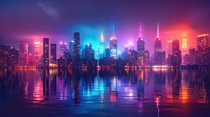 City skyline illuminated by vibrant neon lights