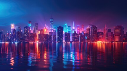 City skyline illuminated by vibrant neon lights