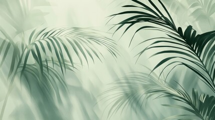 Soft, hazy light filters through lush green palm fronds, creating a serene and tranquil atmosphere.