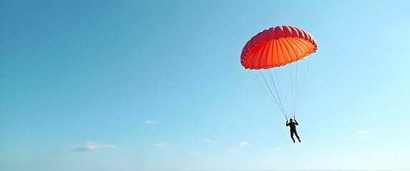 A thrilling parasailing adventure under a vast, clear blue sky. The vibrant orange parachute contrasts beautifully against the serene backdrop, capturing the essence of freedom and exhilaration.
