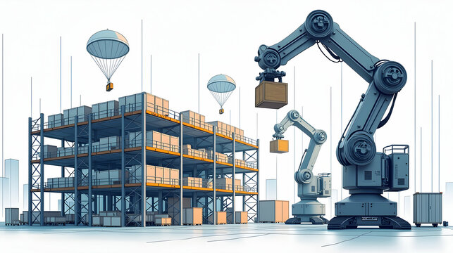 Futuristic warehouse automation: Robotic arms and air-dropped packages optimize logistics, streamlining efficiency and speed in modern distribution.