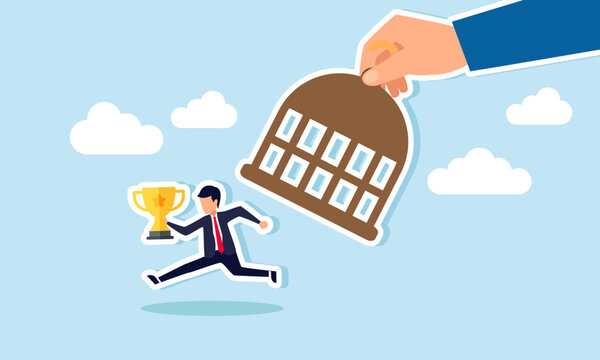 A hand opens a drum trap and frees a businessman carrying a trophy, illustration of freedom as a leading company in guiding and persuading the market