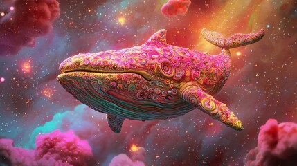 Fototapeta premium Colorful Abstract Whale Swimming in Cosmic Space with Vibrant Swirls and Patterns
