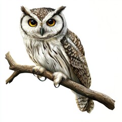 Realistic and Detailed Illustration of a Beautiful Owl Perched on a Branch with Bright Eyes and Soft Feathers