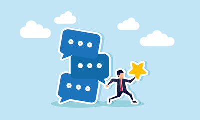A businessman runs carrying a star, avoiding a stack of chat dialogues about to collapse, illustration of saving business quality from negative market talk effects