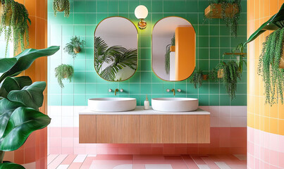 Vibrant Contemporary Bathroom with Plants and Mirrors