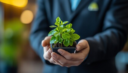 Sustainable development goals SDGs concept, hand holding young plant, reduce pollution ESG icon, environmental saving, CSR, Earth Day awareness, highdetail eco theme