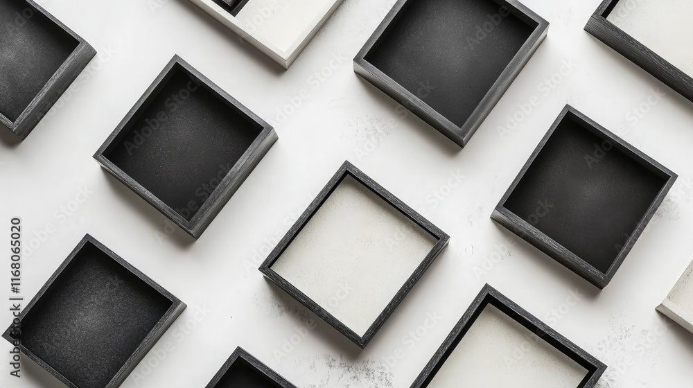 Poster modern minimalist arrangement of open square boxes on a soft background highlighting textures and de