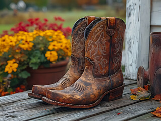 Worn brown leather cowboy boots sit on weathered porch wood, autumn flowers in background.