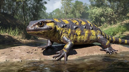 Fototapeta premium Fire salamander posing on river rock, forest background, nature illustration