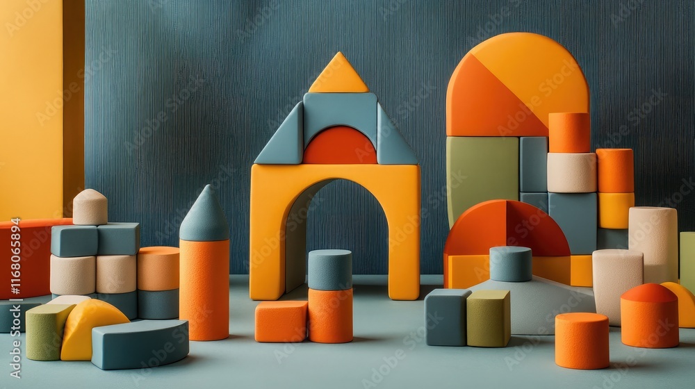 Poster colorful building blocks in modern playroom environment featuring soft geometry shapes, textured bac