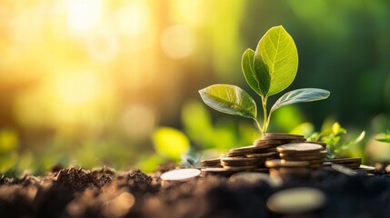Plant sprout emerges from soil, coins beneath.