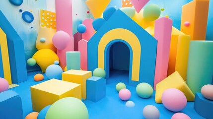 Vibrant Playful Indoor Environment with Colorful Geometric Shapes and Soft Balls, Ideal for Kids' Activities and Creative Learning Spaces