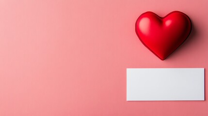 Red heart on pink background with blank card for romantic message, symbolizing love and affection.