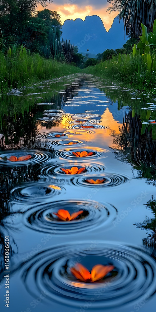 Poster sunset reflected in calm water with floating orange petals creating concentric ripples.