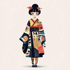 A cute and modern cartoon maiko wearing a fashionable kimono with a bold design, against a plain white background