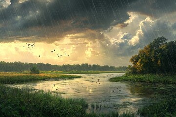 Naklejka premium Rainy day, birds flying, river, lush greenery, dramatic sky.