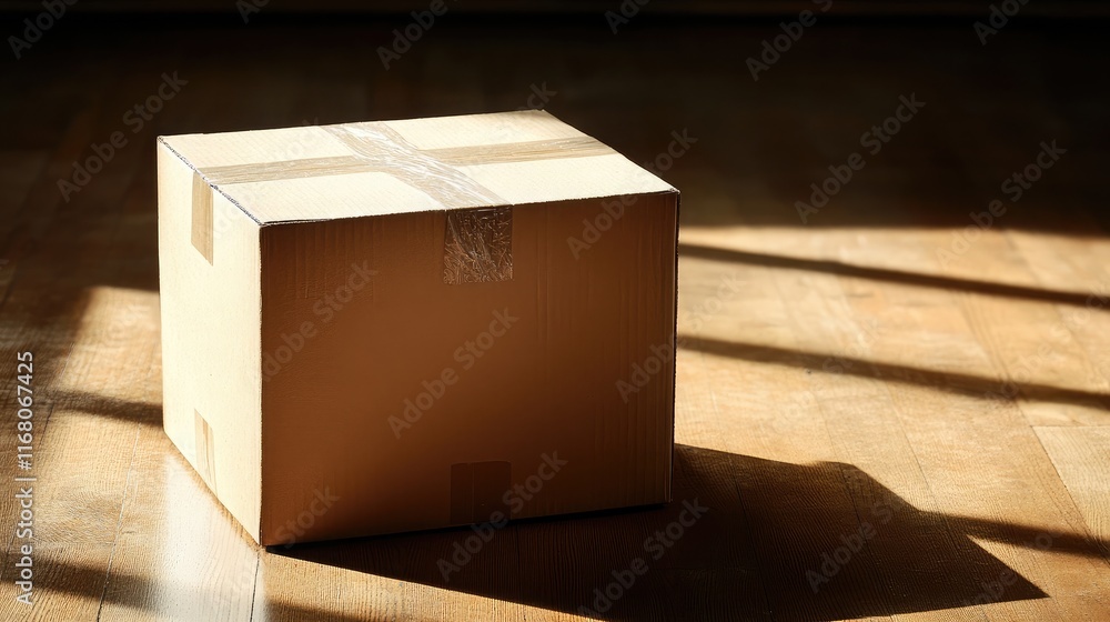 Poster simple brown box on wooden floor with soft morning light creating gentle shadows and highlighting th