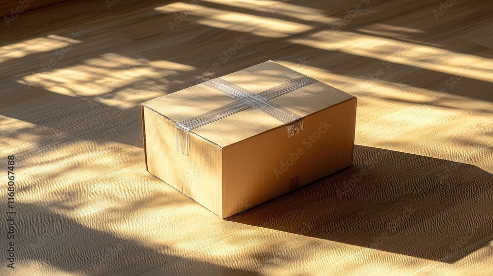 Poster sunlit cardboard box on floor surrounded by soft shadows creating a warm and inviting atmosphere in 