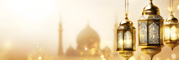 Eid Mubarak and Ramadan Kareem greetings with Islamic lanterns and a mosque behind a white background banner with copy space, in a golden color theme with golden elements.