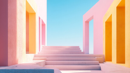 vibrant architectural scene featuring pastel colored geometric shapes and stairs leading to bright sky. composition evokes sense of tranquility and modern design