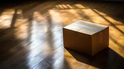 A Single Brown Cardboard Box on a Sunlit Wooden Floor with Soft Shadows and Warm Light Creating an Inviting Atmosphere for Unboxing or Delivery Moments