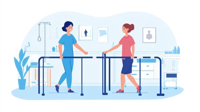 A cheerful physical therapist helping a patient walk using parallel bars, styled in a rehabilitation center with supportive equipment