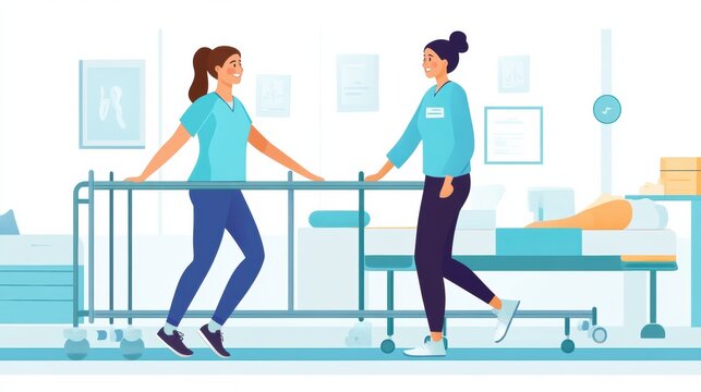 A cheerful physical therapist helping a patient walk using parallel bars, styled in a rehabilitation center with supportive equipment