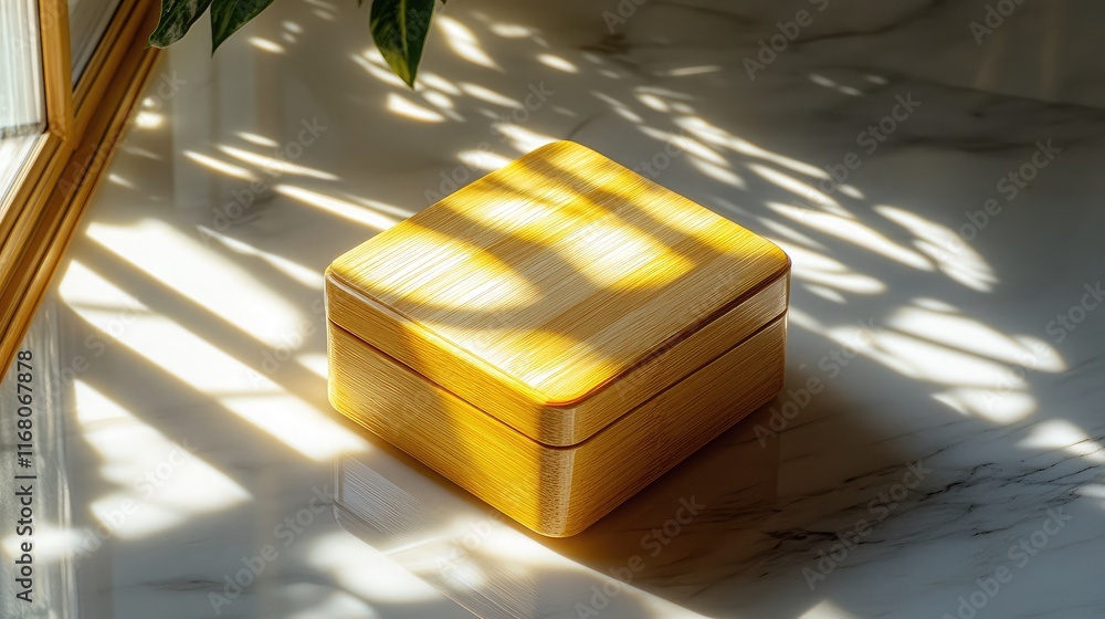 Aufkleber elegant wooden box resting on a marble surface, displaying intricate shadows and soft sunlight filte